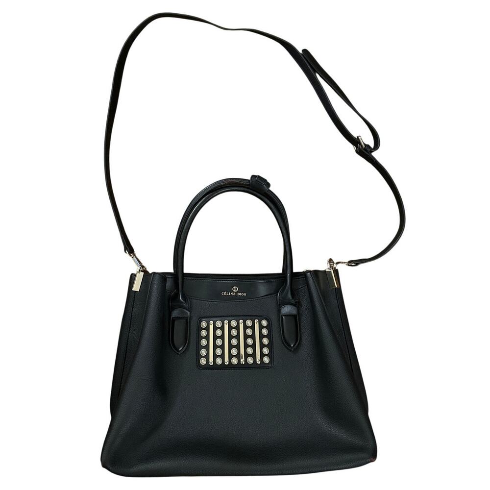 Celine Dion Maestro Black Leather Purse Shoulder Bag Crossbody Pearl Gold